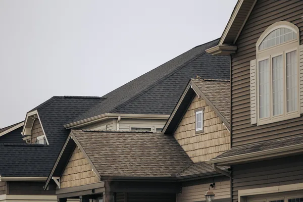 Asphalt shingle roofs on a row of homes, clean and free of black streaking.